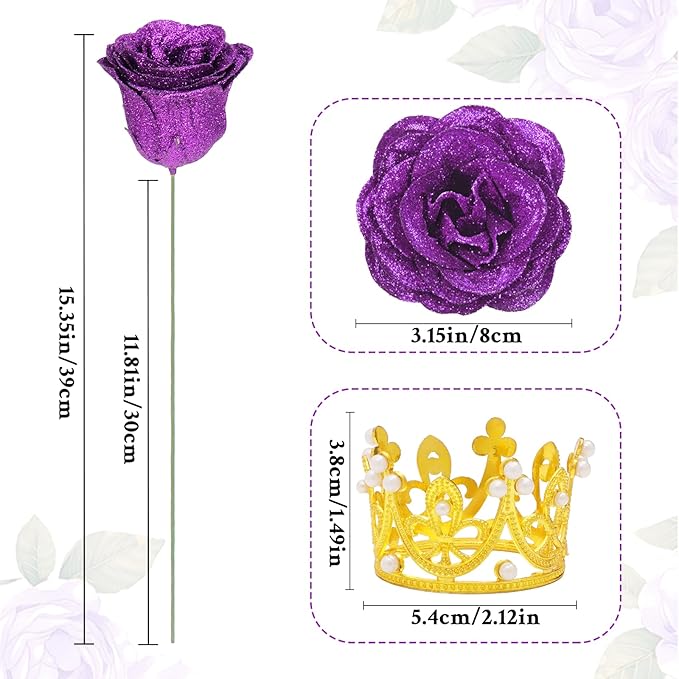 Waipfaru 24 Pcs Glitter Roses Bouquet, DIY Fake Flowers Bouquet, Artificial Purple Rose Bouquet for Valentines, Mothers Day Gifts, Anniversary, Engagement, Wedding