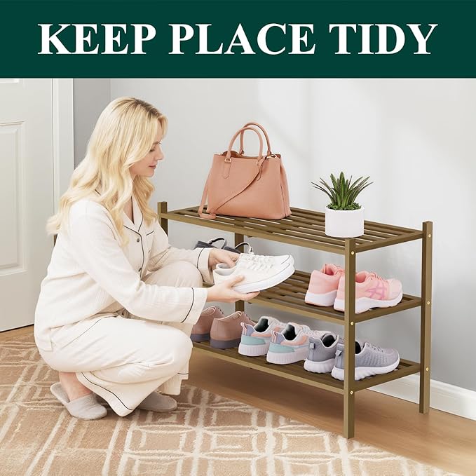 Smiry Bamboo Shoe Rack 3-Tier, Stackable Wooden Shoe Organizer for Entryway & Closet, Free Standing Wood Shoe Storage Shelf for Front Door & Small Spaces, Walnut