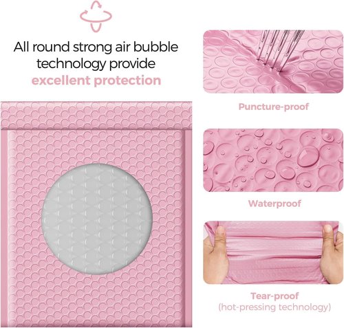 Fuxury Bubble Mailers - Light Pink Self-Seal Padded Envelopes | 8.5x12, 250 Pack, Waterproof Cushioning Bags