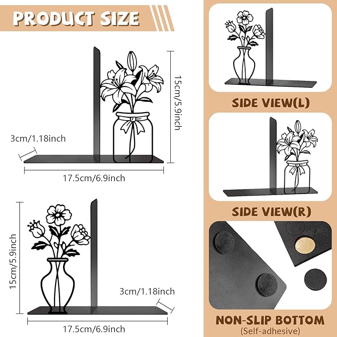 Metal Flower Book Ends Flower Vase Bookends Decorative Book Ends for Shelves Bookshelf Home Office Desk Bookshelf Decor Gift for Reading Enthusiasts