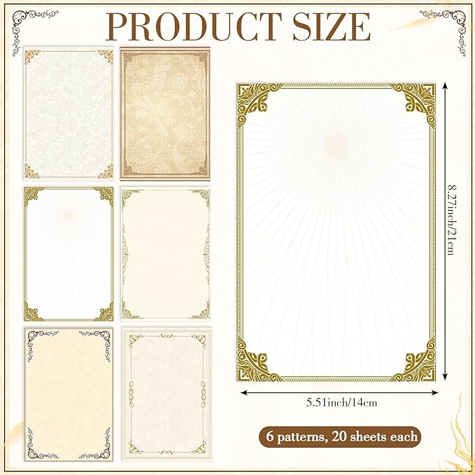 Supervitae 120 Vintage Stationery Paper, 8. 27 x 5. 51 Inch Double Sided Printing Antique Gold Border Elegant Retro Decorative Letter Sheets for Love Letter Party Invitations, 6 Designs