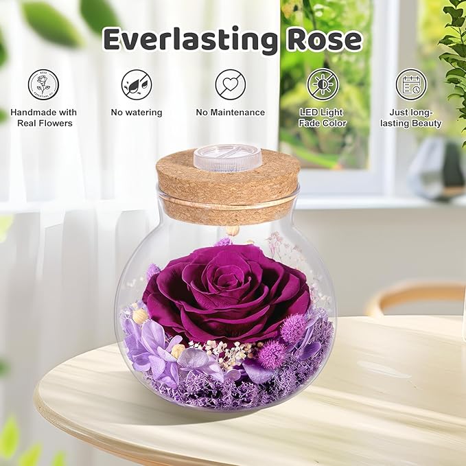 Christmas Birthday Gifts for Women Mom Preserved Purple Rose Eternal Forever Flower in Glass Wishing Bottle with LED Light Flowers for Delivery Prime for Grandma Wife Sister Friend from Daughter