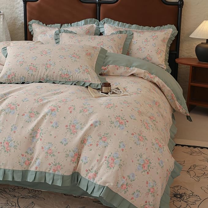 Green Ruffle Duvet Cover Twin Girls Cute Flower Bedding Set Twin 100% Cotton Romantic Lace Comforter Cover for Teen Girls Vintage Floral Botanical Duvet Cover Aesthetic Princess Lace Bedding Set