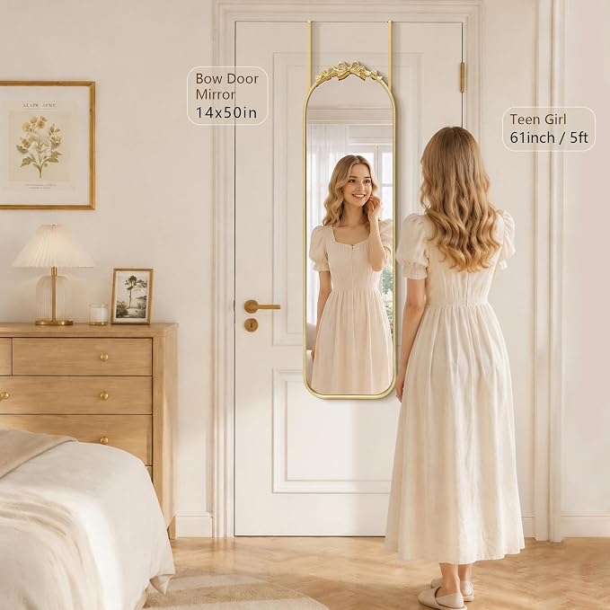 Besdomus Door Mirror Full Length: 14"x50" Gold Vintage Bow Over The Door Hanging Mirror - Antique Baroque Traditional Ornate Full Body for Girls Bedroom/Cloakroom/Living Room - Ideal for Teen Girl