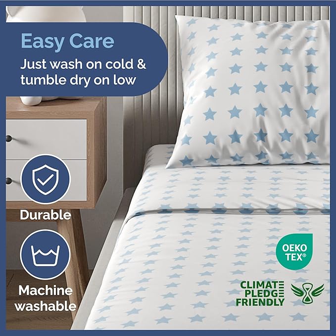 Kids Blue Stars Twin 3 Piece Sheet Set - Boys, Girls, Teens, Toddler - Easy Fit Deep Pockets - Breathable, Hotel Quality Sheets - Machine Washable - Wrinkle Free - Cute, Cozy, Soft - CGK Linens