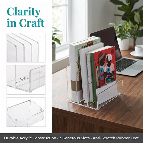 Jucoan Clear Acrylic File Holder - 3-Section Vertical Desktop Organizer | 9 x 6.5 x 6.5 Inch Document Sorter