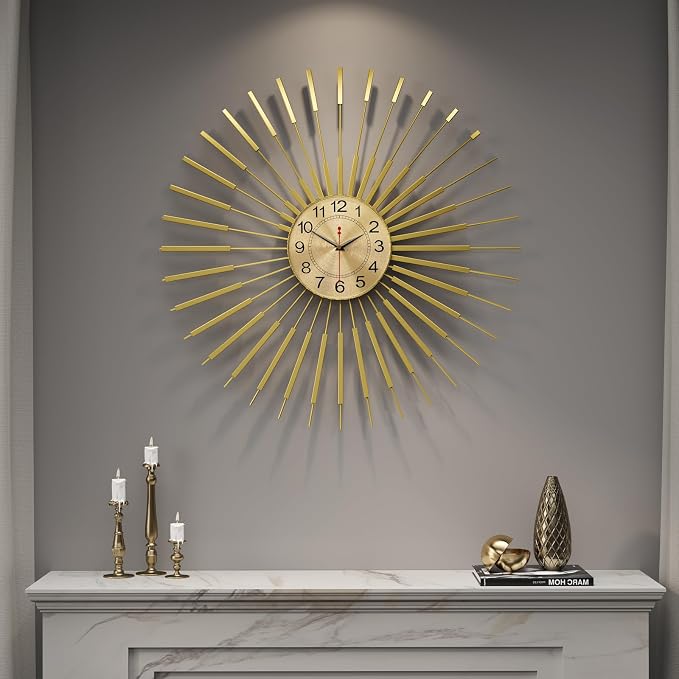 Cuspin 30 Inch Large Wall Clock Gold Clock Wall Decor, Mid Century Modern Sunburst Silent Non Ticking Battery Operated Decorative Metal Wall Clocks for Living Room, Dining Room, Bedroom, Office