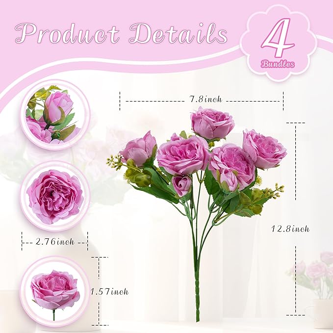 4 Packs Artificial Peonies Silk Flowers: Faux Peony Bouquet 4 Bundles, Fake Peonies Flowers Bulk for Centerpiece Table Wedding Party Home Decor for Christmas Decoration (Light Purple)