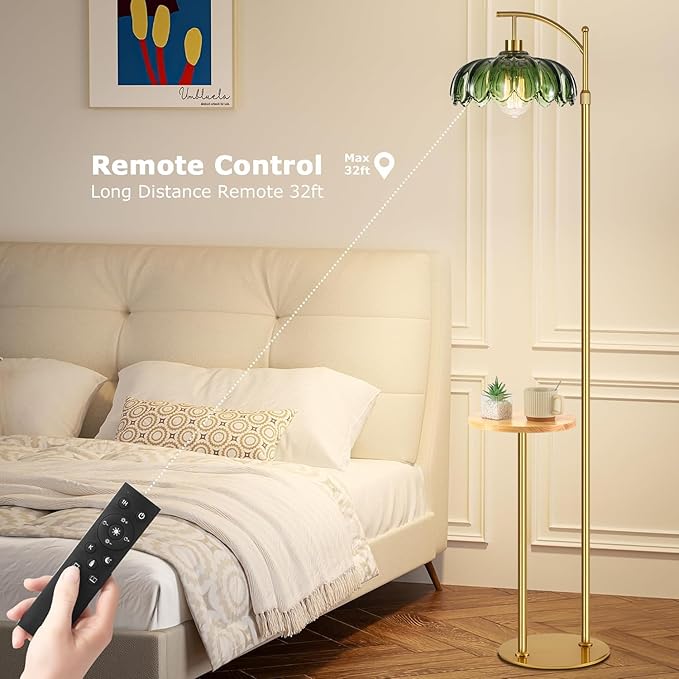 QIYIZM Glass Floor Lamp with Table and Shelves for Living Room Bedroom,Gold Standing Lamp with Remote Dimmable,Boho Brass Tall Lamp Vintage Farmhouse Arc Green Flower Floor Light Bohemian