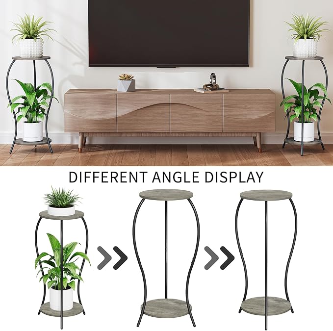 Plant Stand Indoor, 2 Tier Round Tall Plant Stand, Flower Pot Stand, Plant Shelf Rack, Corner Plant Stand for Planter Garden Balcony Patio Living Room, Grey