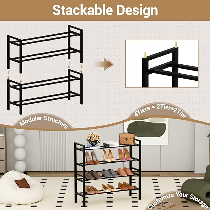 Haddockway Bamboo Shoe Rack for Closet, Free Standing Shoe Organizer with Smooth Round Rods & Convenient Handles, Stackable Shoe Storage Shelf for Entryway, Hallway(Black, 4-Tier)