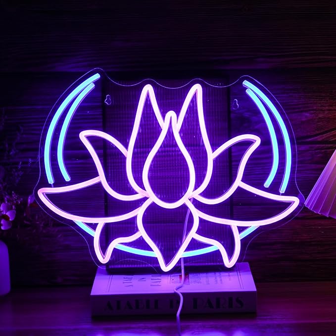 Moon Lotus Flower Neon Sign Dimmable Blue Moon Neon Light Sign for Wall Decor USB Power Purple Lotus Led Light Up Sign for Bedroom Yoga Room Game Room Man Cave