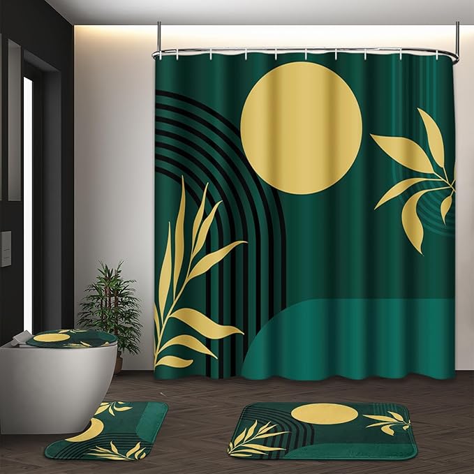 Boho Mid Century Shower Curtain Set with Toilet Lid Cover and Non-Slip Rugs, Abstract Geometric Dark Green 4 Pcs Modern Minimalist Shower Curtain for Bathroom Set with 12 Hooks