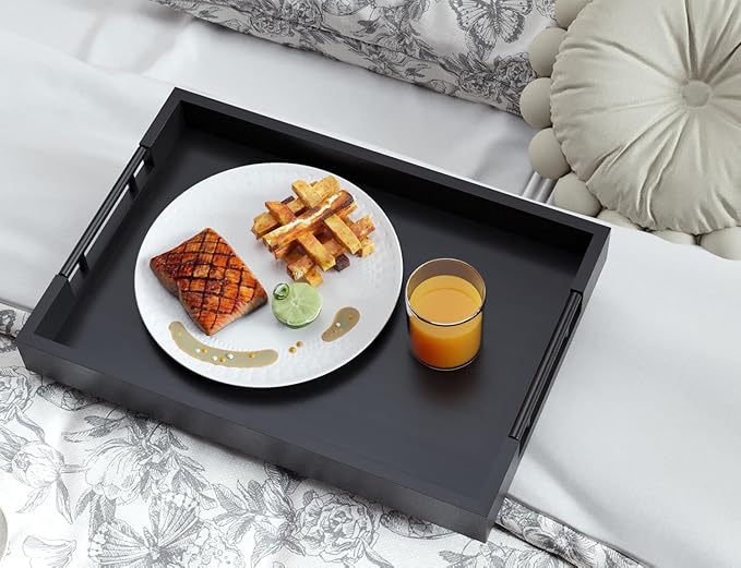 Fibogollo Bamboo Set of 2 Serving Tray with Metal Handles,Ottoman Decorative Trays Platter for Coffee Table,Living Room,Bar,Party(Black)