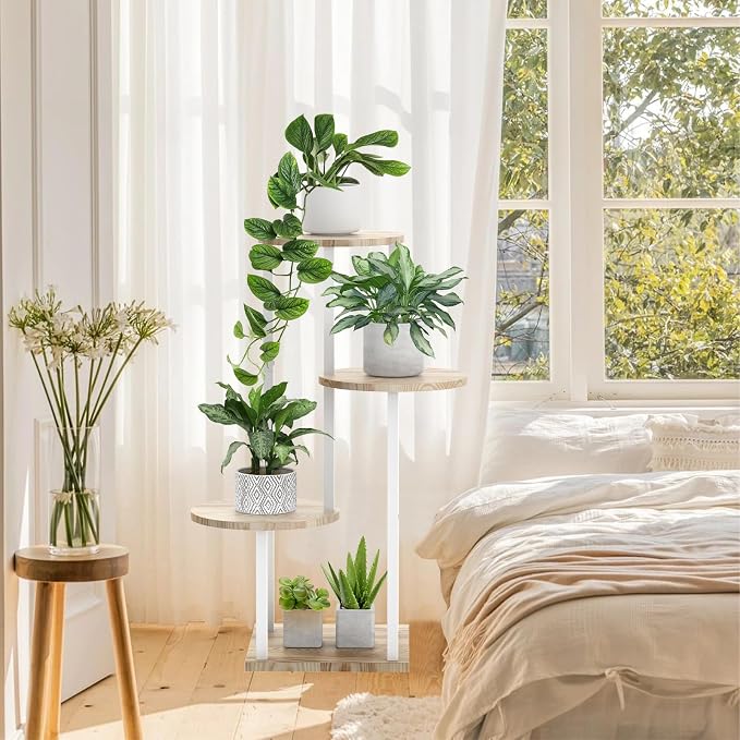 4 Tier White Metal Wooden Tall Plant Stand Indoor Shelf Flower Pot Holder for Multiple Plants, Corner Display Rack for Living Room Balcony Patio Garden