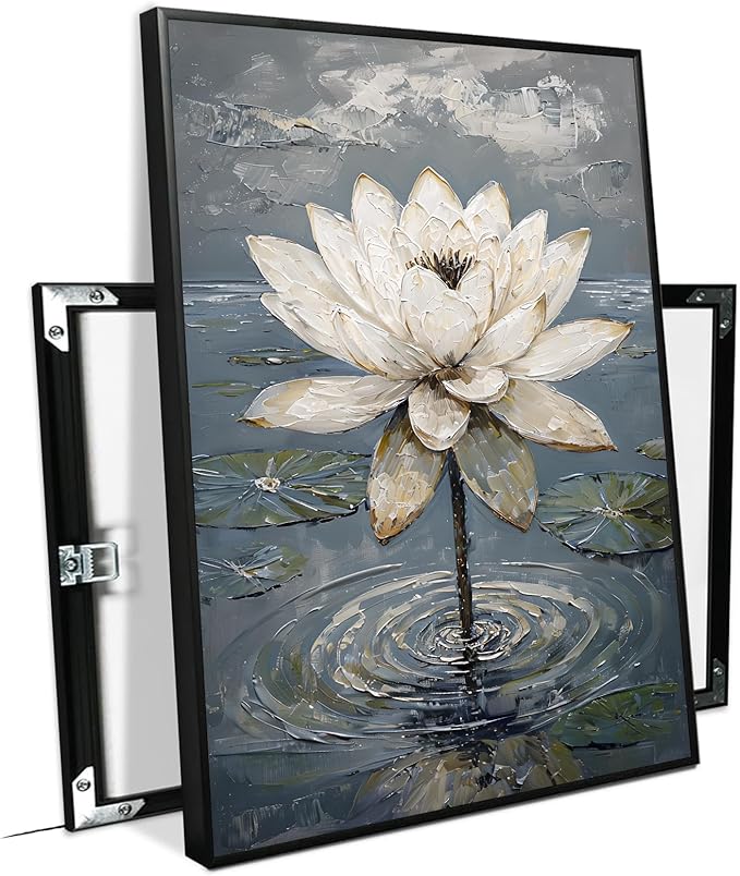 Stunning white lotus emerges from prismatic water with delicate petals background Serene aquatic wall art suitable for modern minimalist decor 20x30in Metal blackFramed