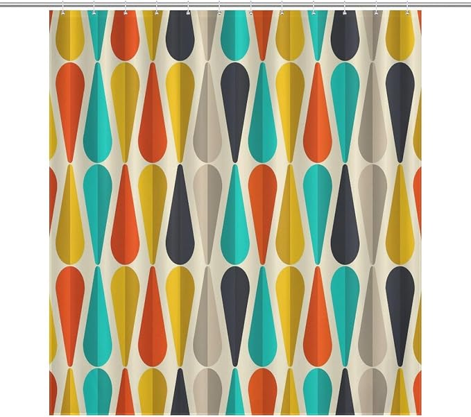 Mid Century Modern Shower Curtain,Colorful Abstract Geometric Drop Shapes Art Style Shower Curtains Set for Bathroom Fabric Decorative Bath Curtain Washable Curtain Hooks, 72x72 inch