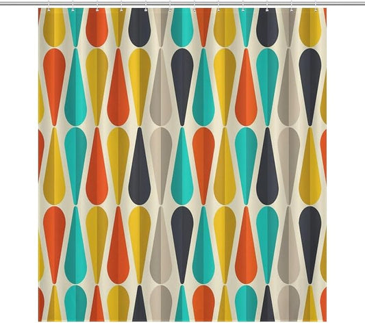Mid Century Modern Shower Curtain,Colorful Abstract Geometric Drop Shapes Art Style Shower Curtains Set for Bathroom Fabric Decorative Bath Curtain Washable Curtain Hooks, 72x72 inch