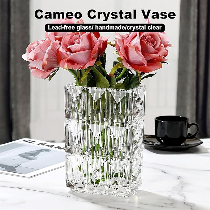 Glass Flower Vase, Clear Crystal Vases for Centerpieces, Heavy Handmade Modern Vases for Decor Home Bedroom Kitchen Office Living Room, 7.88 Inch (Clear)