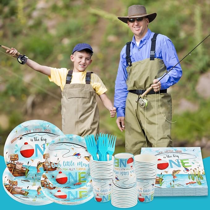 120 PCS Ofishally One Birthday Party Decorations, Ofishally One Paper Plates, Napkins Cups and Forks Tableware Set, Fishing Party Decor Supplies for 1st Fish Birthday Christmas Parties, Serves 24