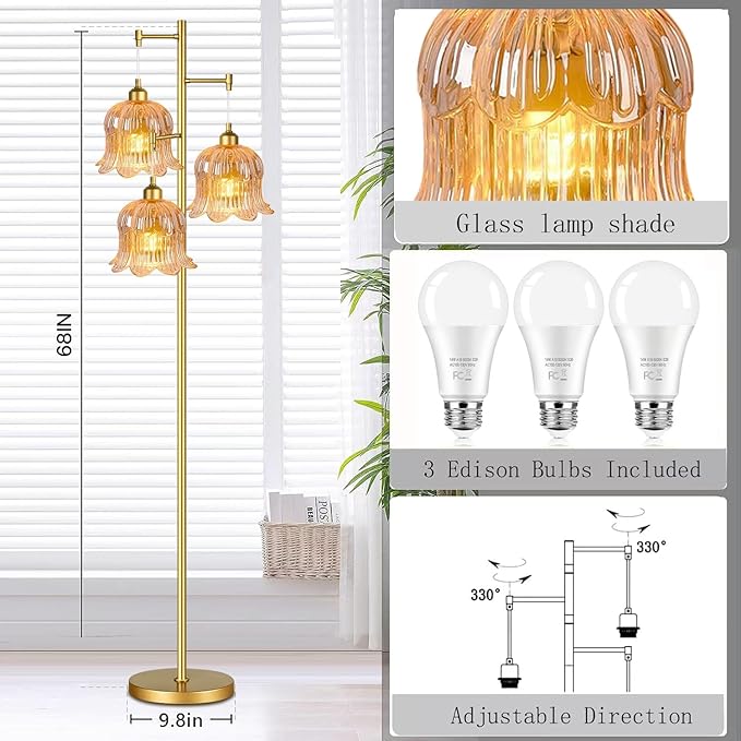 QIYIZM Glass Floor Lamp for Living Room,Bedroom,Mid Century Modern Standing Lamp Brass Tree 3 Light Tall Floor Lamps Vintage Floor Lights Gold Tulip Flower Lamp Shade Farmhouse Boho Bohemian