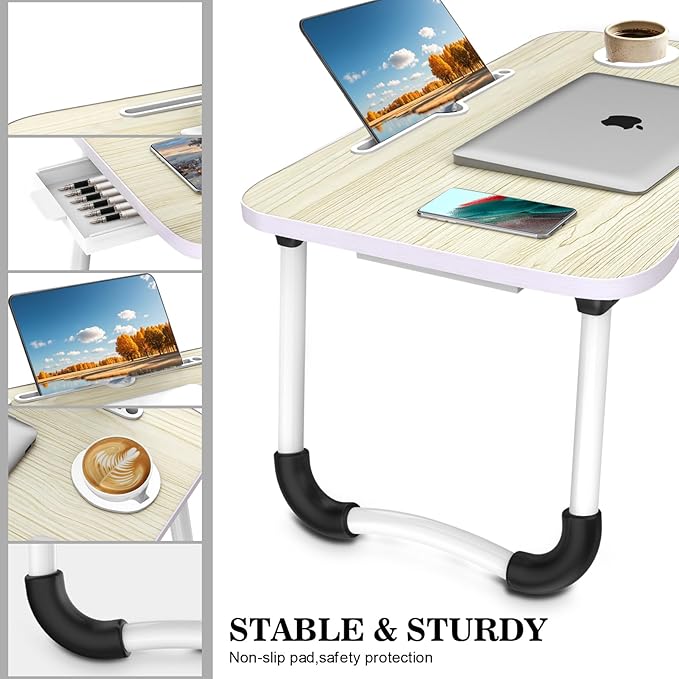 Fayquaze Portable Foldable Laptop Bed Desk with Storage Drawer and Cup Holder - Lap Desk Laptop Stand Tray Table for Eating, Reading and Working