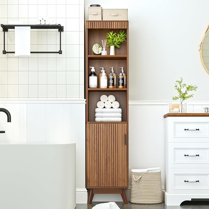 Bifins 68" Tall Bathroom Storage Cabinet,Narrow Fluted Tower Cabinet with Door and Shelves,Slim Space Saving Storage Unit for Bathroom Kitchen Living Room (Walnut, 11.8" D x 15.75" W x 68" H)