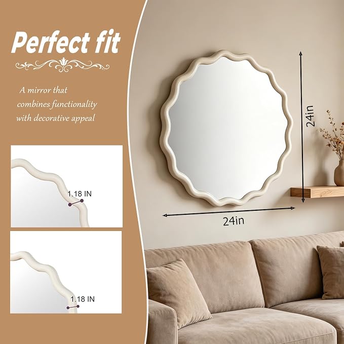 24" Wavy Edge Round Mirror, Solid Wood Framed Wall Decor with Clear Reflection for Bathroom, Bedroom, Living Room & Entryway (White)