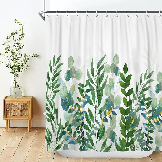 Spring Shower Curtain, Watercolor Mint Green Leaf Shower Curtain, Sage Green Plant Leaves Eucalyptus Shower Curtain, Greenery Botanical Curtain for Bathroom Country Decor, 72x72in w/12 Hooks