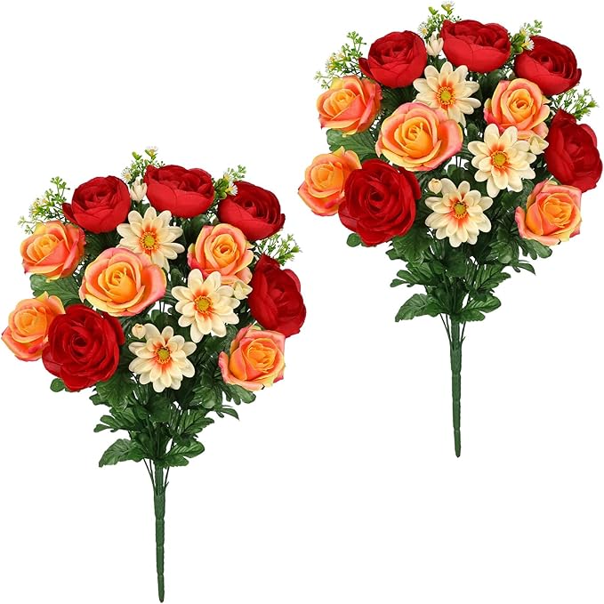 Hollyone Set of 2 Artificial Cemetery Flower for Graves Red Orange Cemetery Memorial Flowers for Outdoor Grave Decorations Silk Flower Arrangements Rose Ranunculus Gerbera Floral Flowers Bouquets