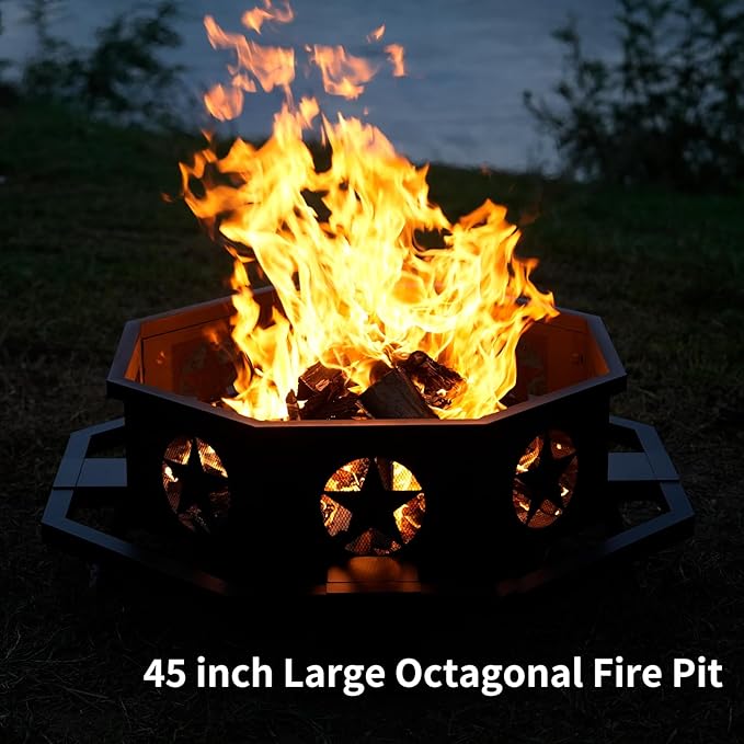 Auhilence 45 inch Large Fire Pit, Outdoor Fire Pit with Heavy Duty Construction, Wood Burning Fire Pits for Outside Octagonal Firepit for Camping, Backyard, Patio, Black