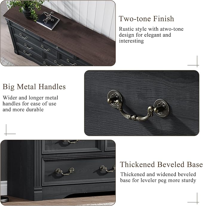 Yaamizz Farmhouse Dresser for Bedroom, 60" Wide 10 Drawer Dressers Storage with Wood Pilasters & Metal Handles, Drawer Organizer for Bedroom, Vintage Design, Hallway, Black