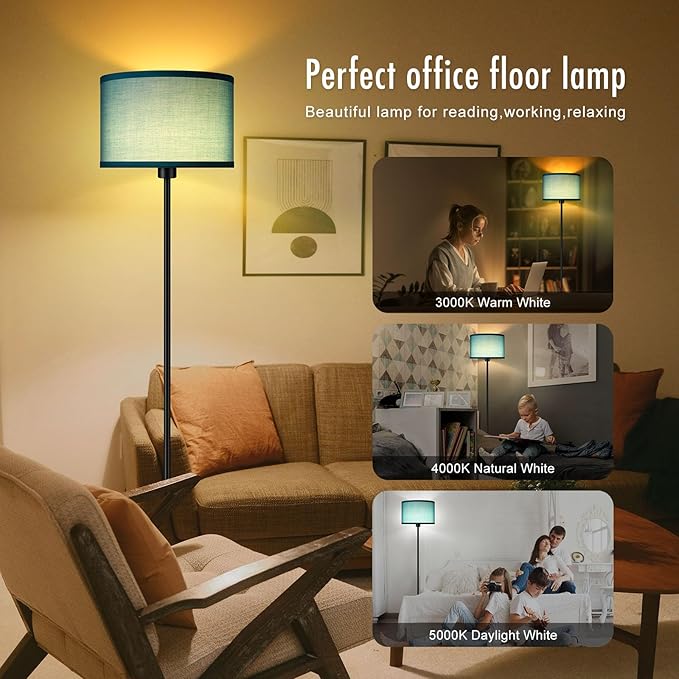 AUQUEE 58" Small Floor Lamp with Foot Pedal Switch, Modern Standing Lamp with Green Linen Shade, Corner Reading Floor Lamps for Bedroom, Office, Apartment & Small Spaces - Black Pole Lamp