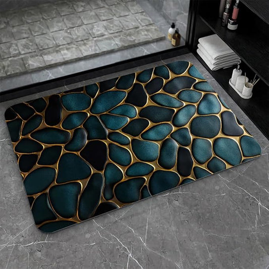 Diatomaceous Earth Bath Mat,Blue and Gold Stones Non-Slip Volume Super Absorbent Fast Drying for Bathroom Kitchen mat,Eco-Friendly Easy to Clean 20×31Inch (50 * 80cm)
