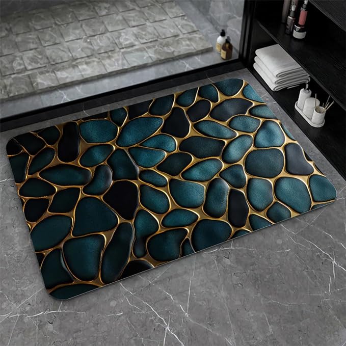 Diatomaceous Earth Bath Mat,Blue and Gold Stones Non-Slip Volume Super Absorbent Fast Drying for Bathroom Kitchen mat,Eco-Friendly Easy to Clean 17×27.5Inch (43 * 70cm)