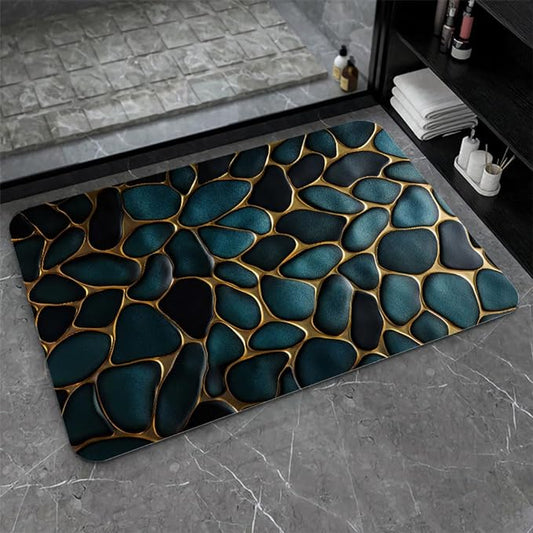 Diatomaceous Earth Bath Mat,Blue and Gold Stones Non-Slip Volume Super Absorbent Fast Drying for Bathroom Kitchen mat,Eco-Friendly Easy to Clean 17×27.5Inch (43 * 70cm)