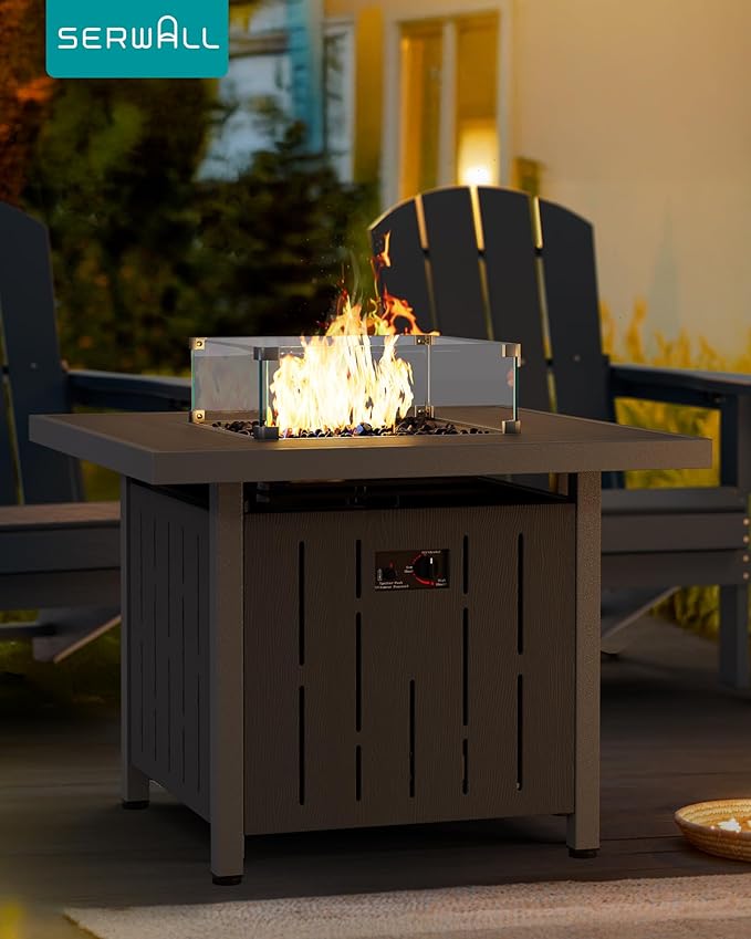 SERWALL 33" Outdoor Fire Pit Table, 50,000 BTU Square Propane Fire Pit Table with Lid, Glass Rock & Glass Wind Guard, HDPE Outdoor Furniture for Patio, Garden, Backyard, Black