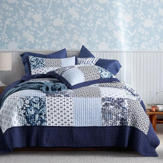 ENASAL Cotton Bedspread Quilt Sets Reversible Bedding Coverlet Sets Luxury Floral White Blue Real Patchwork Bedspread, King Size