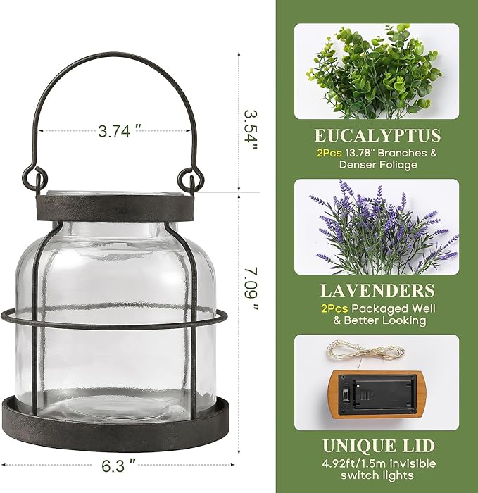 Vintage Farmhouse Lantern Decor LED Lighted Vase, Rustic Glass Vase with Artificial Flowers 4pcs Lavenders & Eucalyptus, Farmhouse Table Centerpiece for Floral Arrangements-Hidden Switch Lid