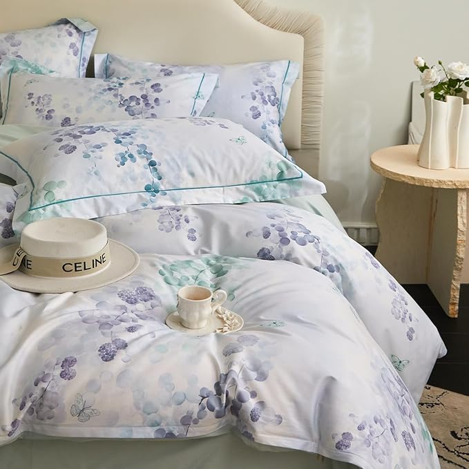 VM VOUGEMARKET Green Purple Duvet Cover Set Queen,3 Pieces Branch Leaves Duvet Cover with 2 Pillow Shams 100% Cotton Botanical Bedding Set-Queen,90x90 Inch