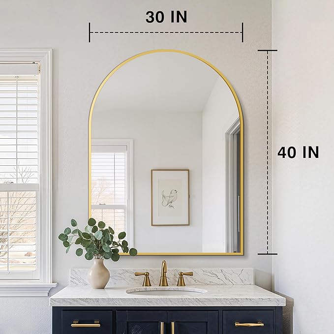 FICTOR Bathroom Mirror for Wall, Arched Vanity Bathroom Mirror for Over Sink, Metal Framed with HD Shatter-Proof Glass for Entryway, Living Room,Bedroom(30” x 40”, Gold)
