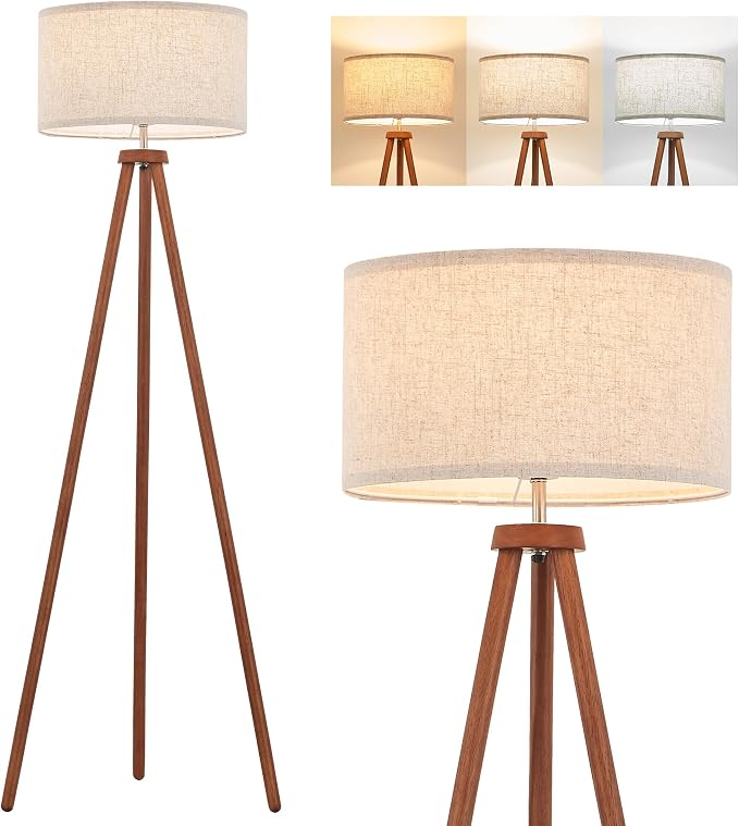 ELYONA Wood Tripod Floor Lamps with 3 Color Temperatures LED Bulb Vintage Standing Light Beige Linen Shade Tall Floor Lamp for Bedroom Living Room Office Study Room, Brown & Nickel Metal
