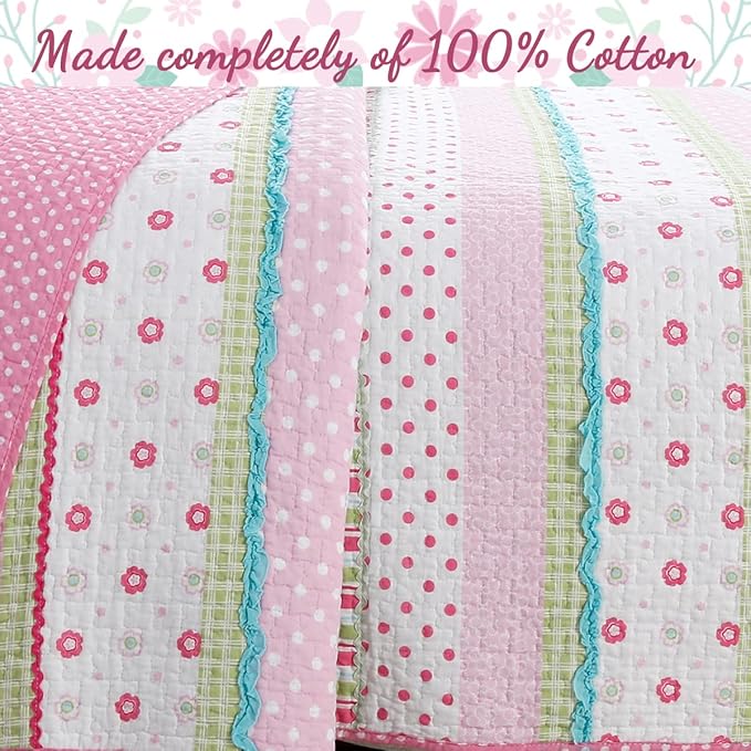 Cozy Line Home Fashions Pink Ruffle Flowers Polka Dot Girl 100% Cotton Reversible Quilt Bedding Set, Coverlet, Bedspread for All Seasons (Queen - 6 Piece)