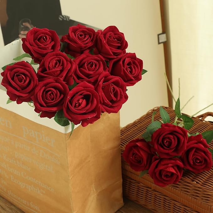 15Pcs Pearl Red Roses Artificial Flowers Fake Roses Long Stem Velet Rose Silk Flowers for Home Wedding Decoration (Pearl Roses,Deep Red)