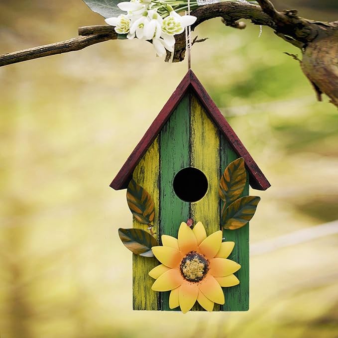 Attraction Design Rustic Decorative Bird House for Outside, Outdoor Hanging Wood Hand-Painted Bird House with Sunflower Decor, Wooden Hanging Garden Birdhouse Porch Yard Decor 9.37"X6.38"X4.25" (Red)