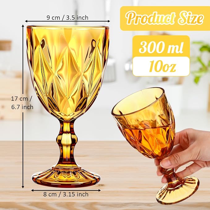 Yinder Glass Goblet Vintage Wine Goblet Embossed Glassware 10 oz Solid Color Glass Stemmed Cups for Iced Tea Beverage Soda Juice Water Liquor and Party Wedding Bars Restaurants(Amber,6 Pack)