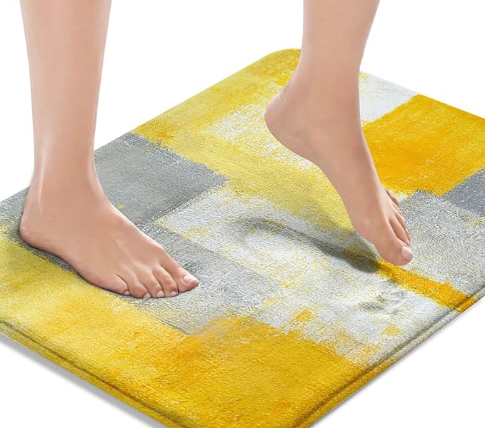 Britimes Bath Mat for Bathroom No Slip Yellow Gray Abstract Graffiti Geometric Floor Rug Carpets Floor Mat Decorations 18x30 inches for Kitchen Bathroom