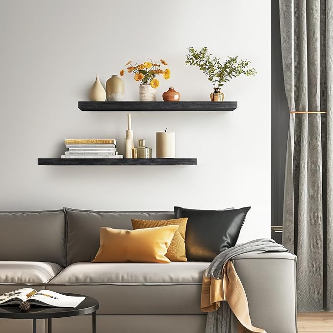 BAYKA Floating Shelves for Wall, Set of 2, 35.4 inches Long Wall Mounted Rustic Wood Shelves for Bathroom, Bedroom, Living Room, Kitchen, Office, Hanging Shelf for Books/Storage/Decor, Black