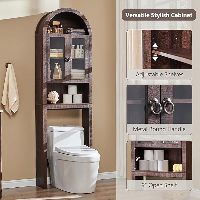 IFGET Arched Over The Toilet Storage Cabinet with Acrylic Doors, Modern Over Toilet Bathroom Organizer Shelf, Small Wooden Bathroom Storage Cabinet with Adjustable Shelf, Space Saver, Dark Walnut