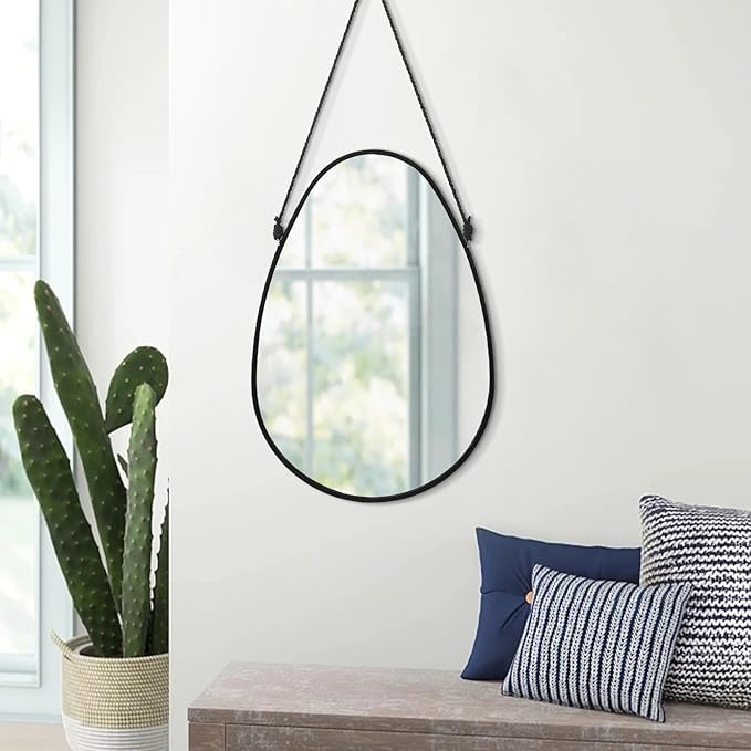 Irregular Wall Teardrop Shaped Hanging Mirror - Oval Wall-Mounted Mirror with Framed Mirror for Home - Bedroom, Bathroom, Living Room, Entryway, Hallway - 18x13 Inches Black
